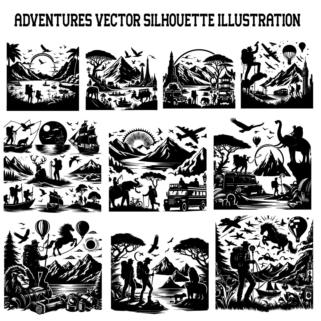 Adventures vector silhouette illustration preview image.