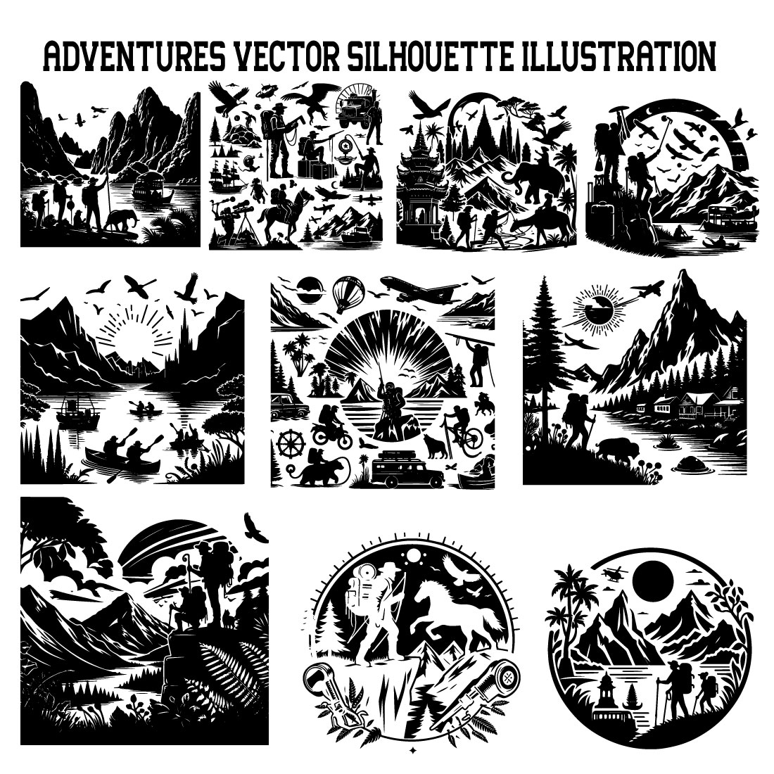 Adventures vector silhouette illustration preview image.