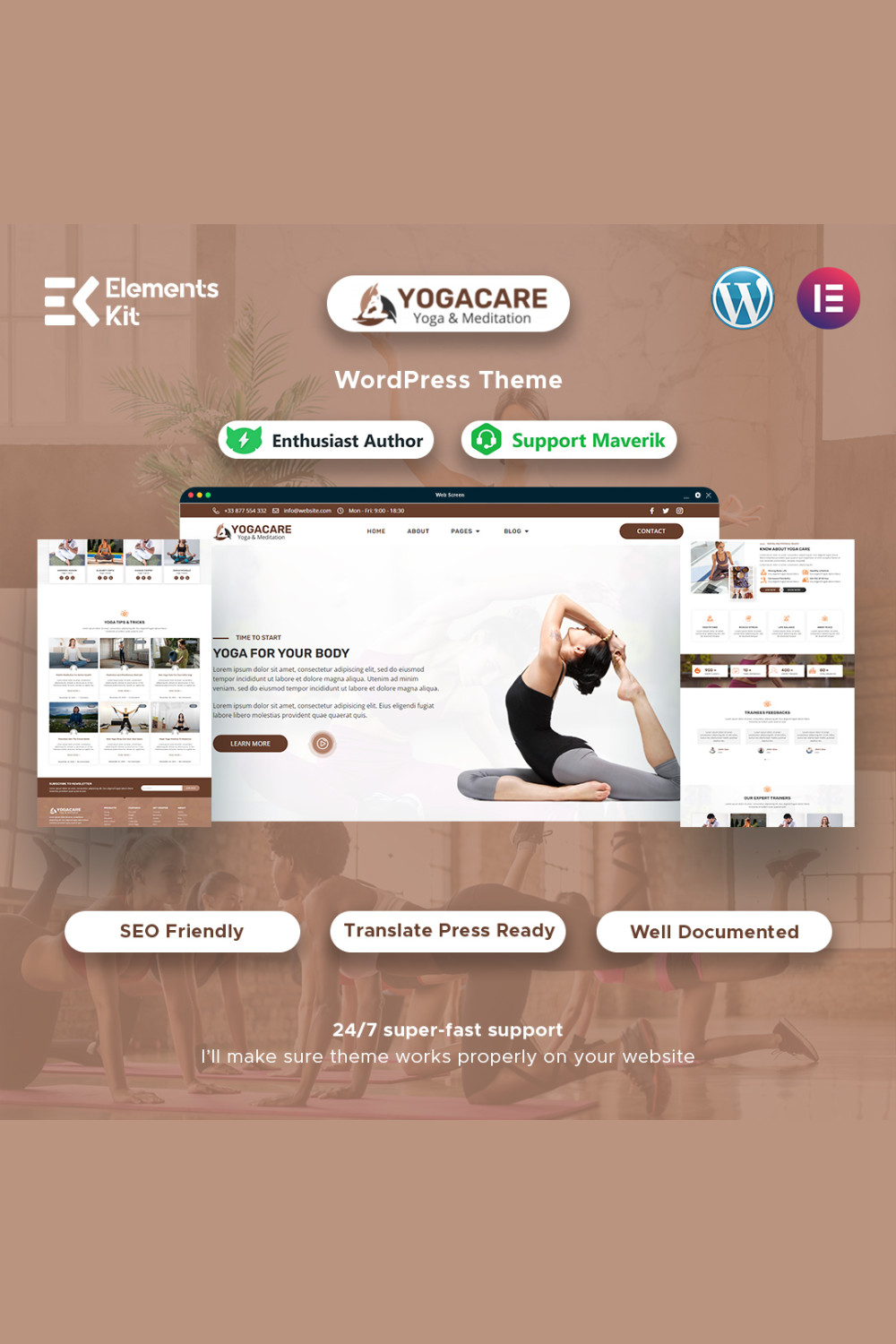 Yoga Care - Yoga & Meditation WordPress Elementor Template pinterest preview image.