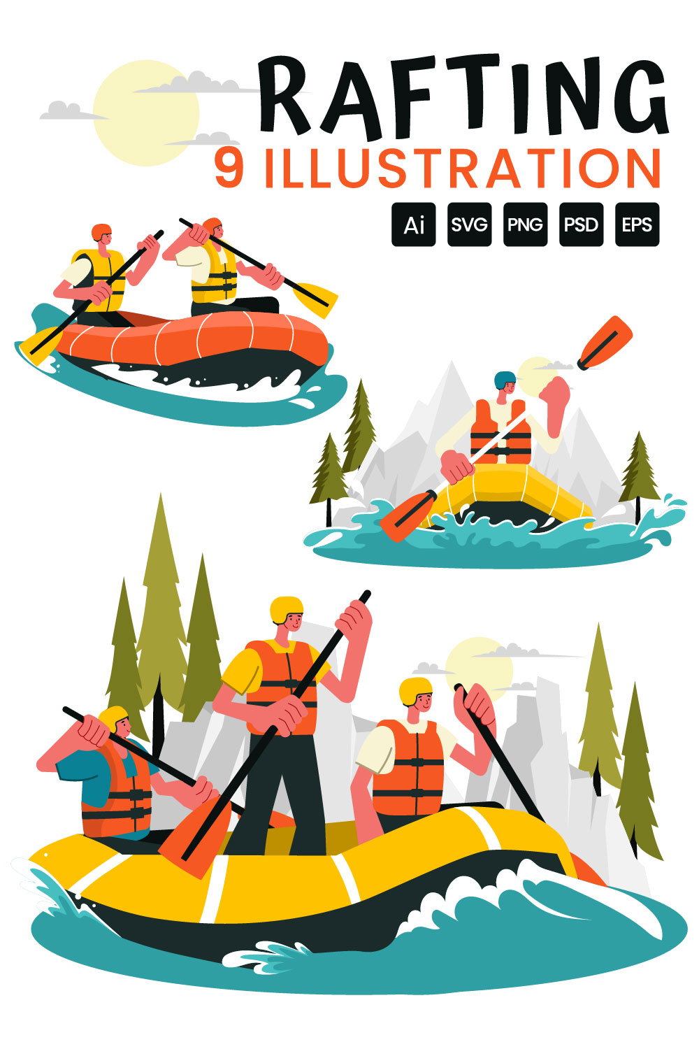 9 Rafting Sports Illustration pinterest preview image.