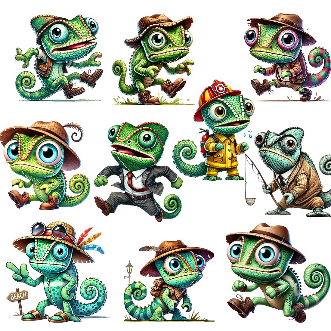 Quirky Chameleon Clipart Bundle - 10 Sets Chameleon Cartoon PNG - Cute Animals Bundle cover image.