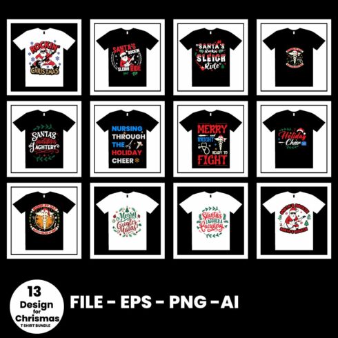 13 Print Ready Christmas day Typography T-shirt Designs Bundle cover image.