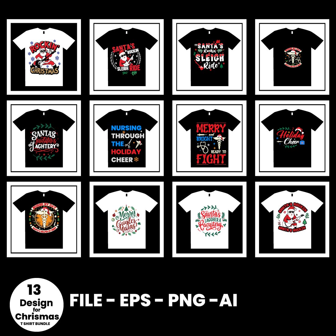 13 Print Ready Christmas day Typography T-shirt Designs Bundle cover image.