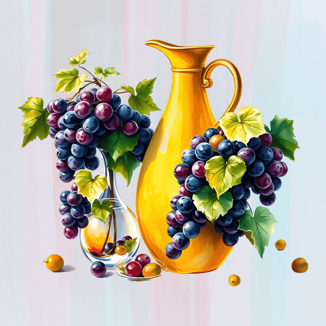 Grapes and a Yellow Jug T-shirt Design preview image.