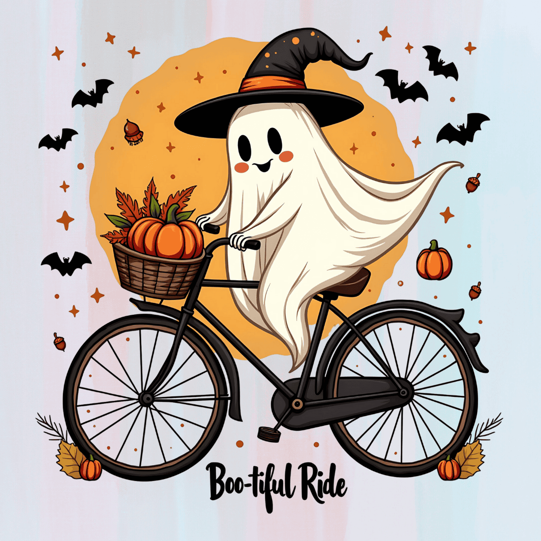 Ghost on a Bike with Pumpkins T-shirt Design preview image.