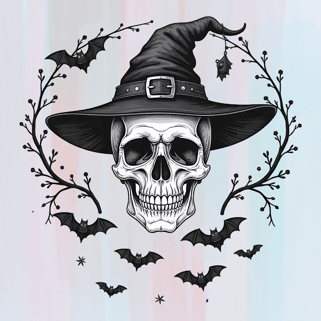 Spooky Skull with Witch Hat T-shirt Design preview image.