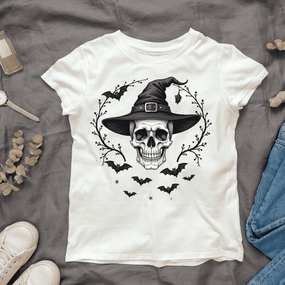 Spooky Skull with Witch Hat T-shirt Design cover image.