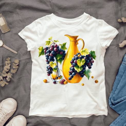 Grapes and a Yellow Jug T-shirt Design cover image.