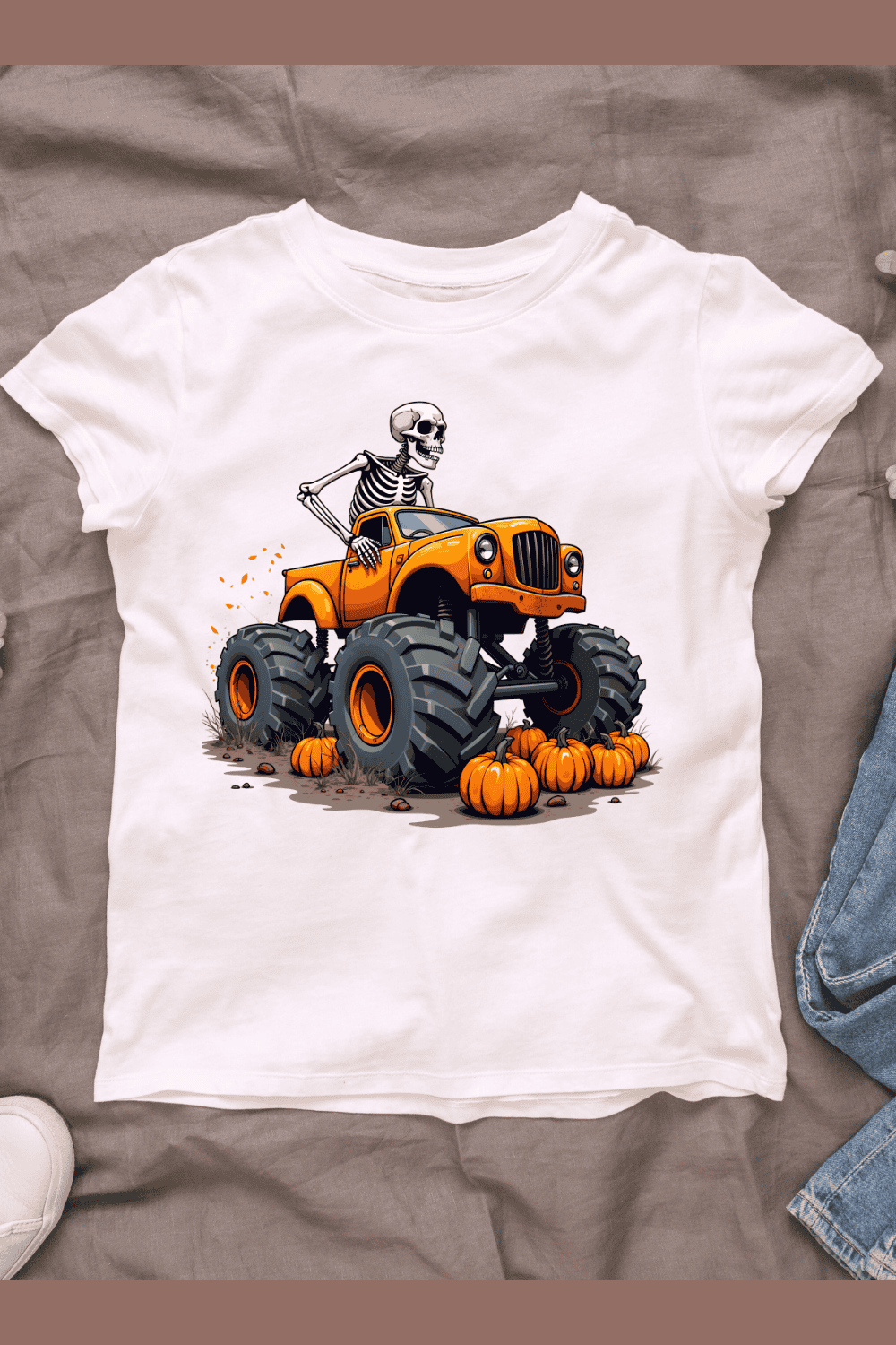 Skeleton Crushes Pumpkins T-shirt Design pinterest preview image.