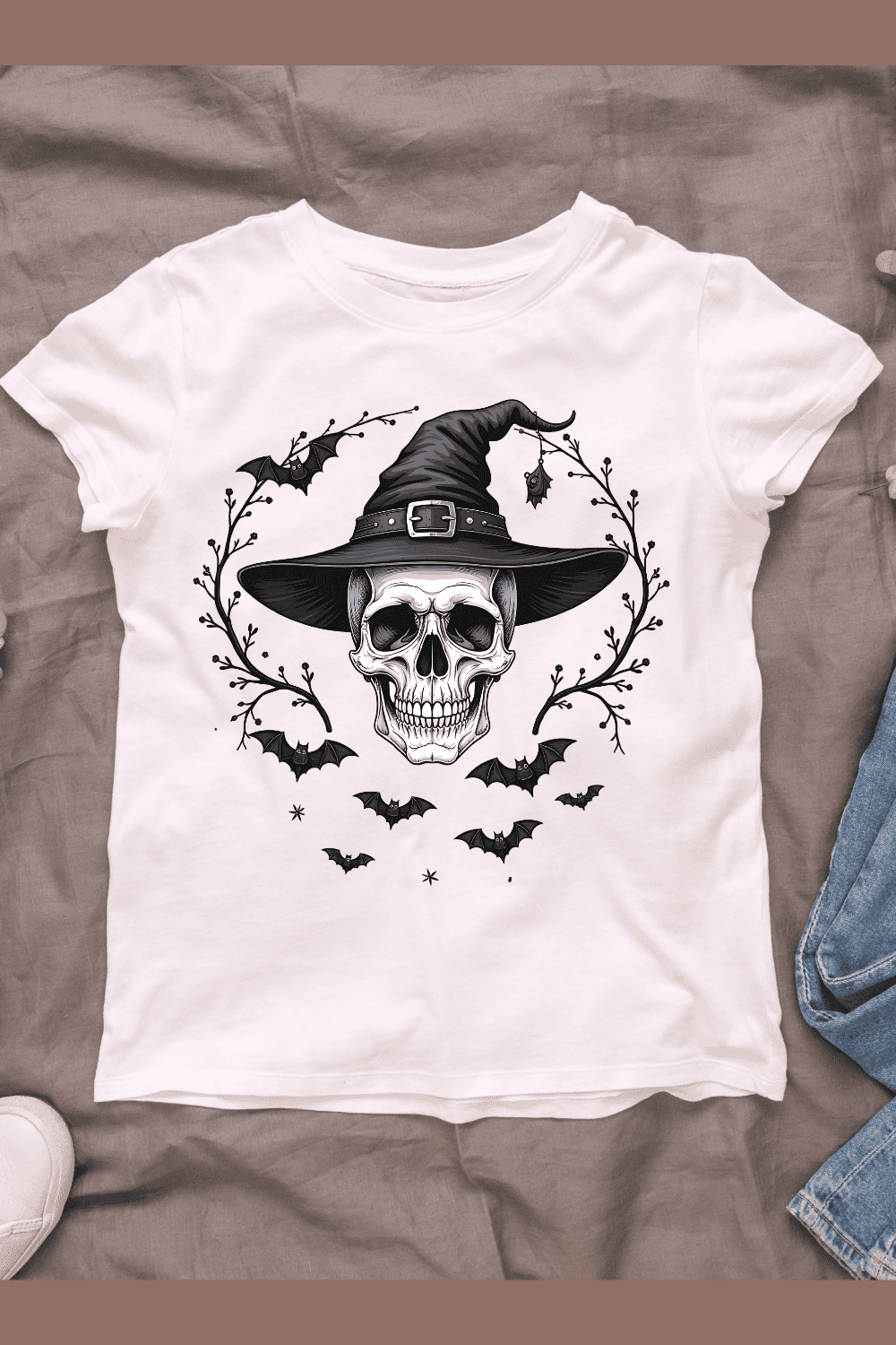 Spooky Skull with Witch Hat T-shirt Design pinterest preview image.