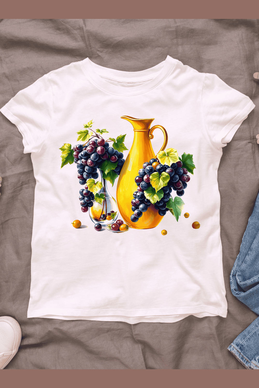 Grapes and a Yellow Jug T-shirt Design pinterest preview image.