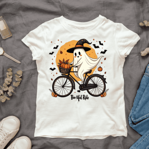 Ghost on a Bike with Pumpkins T-shirt Design cover image.