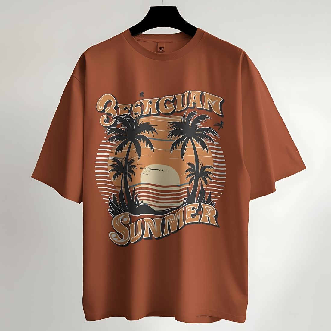 Retro-Inspired Beach Summer T-Shirt with Palm Trees and Sunset Design preview image.