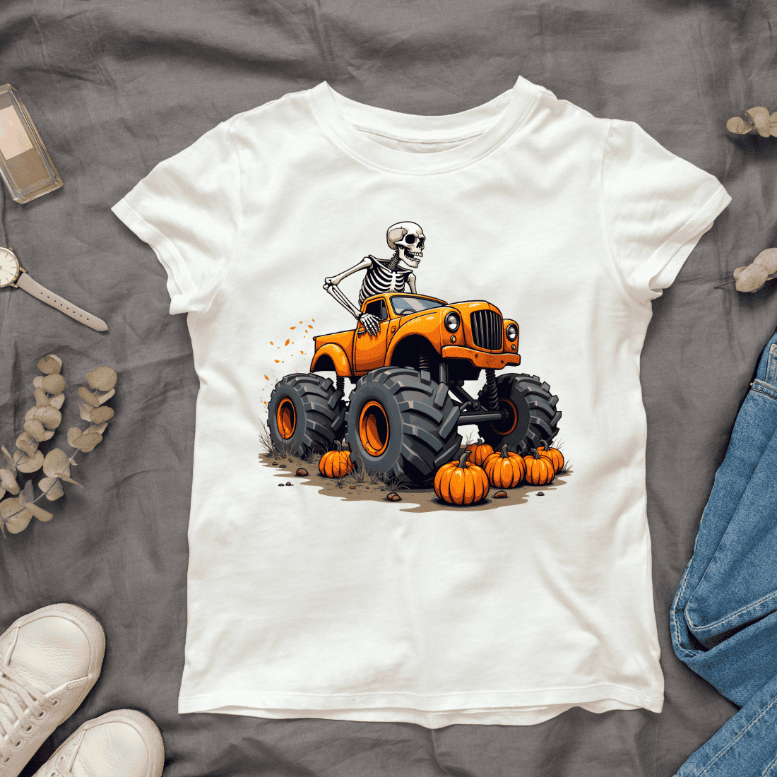 Skeleton Crushes Pumpkins T-shirt Design cover image.