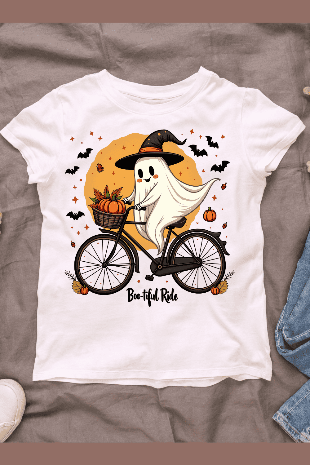 Ghost on a Bike with Pumpkins T-shirt Design pinterest preview image.