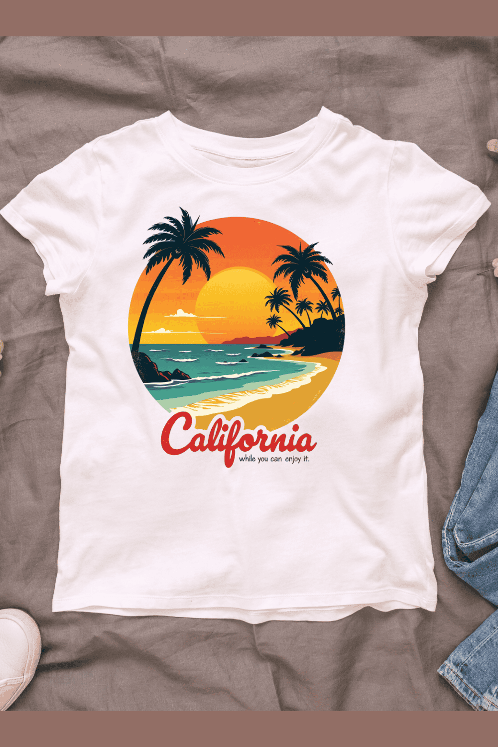 Vintage Retro California Beach T-shirt Design pinterest preview image.