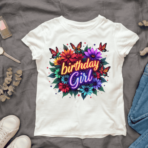 Neon Birthday Girl T-shirt Design cover image.