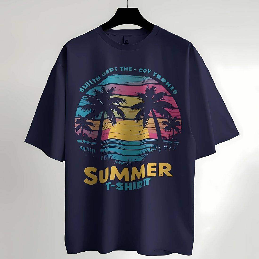 "Retro Summer T-Shirt with Palm Trees and Sunset Design – Perfect for Beach Days" preview image.