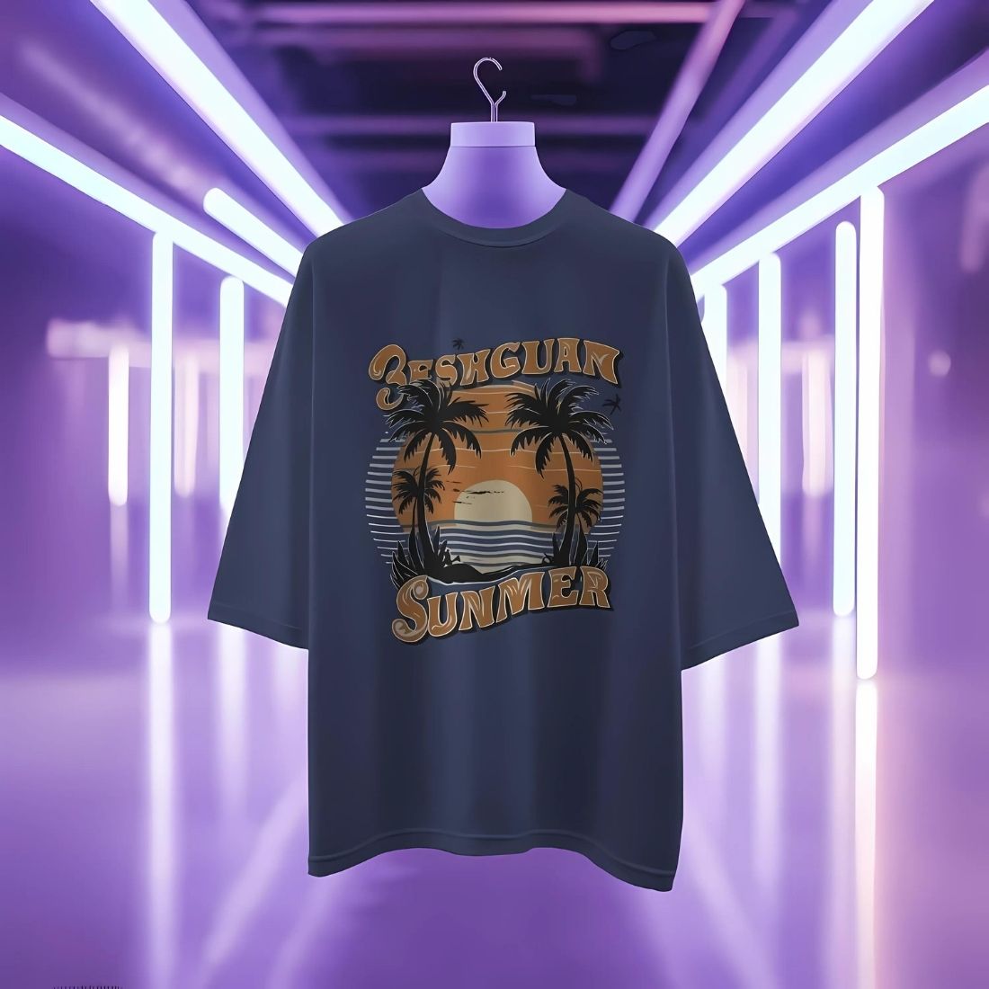 Retro-Inspired Beach Summer T-Shirt with Palm Trees and Sunset Design cover image.