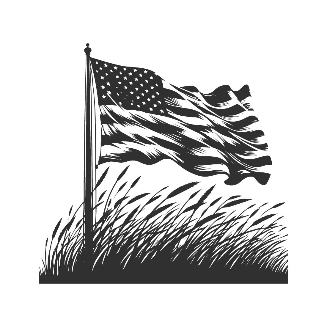 Black and white illustration of an American flag waving on a pole, isolated on a white background preview image.