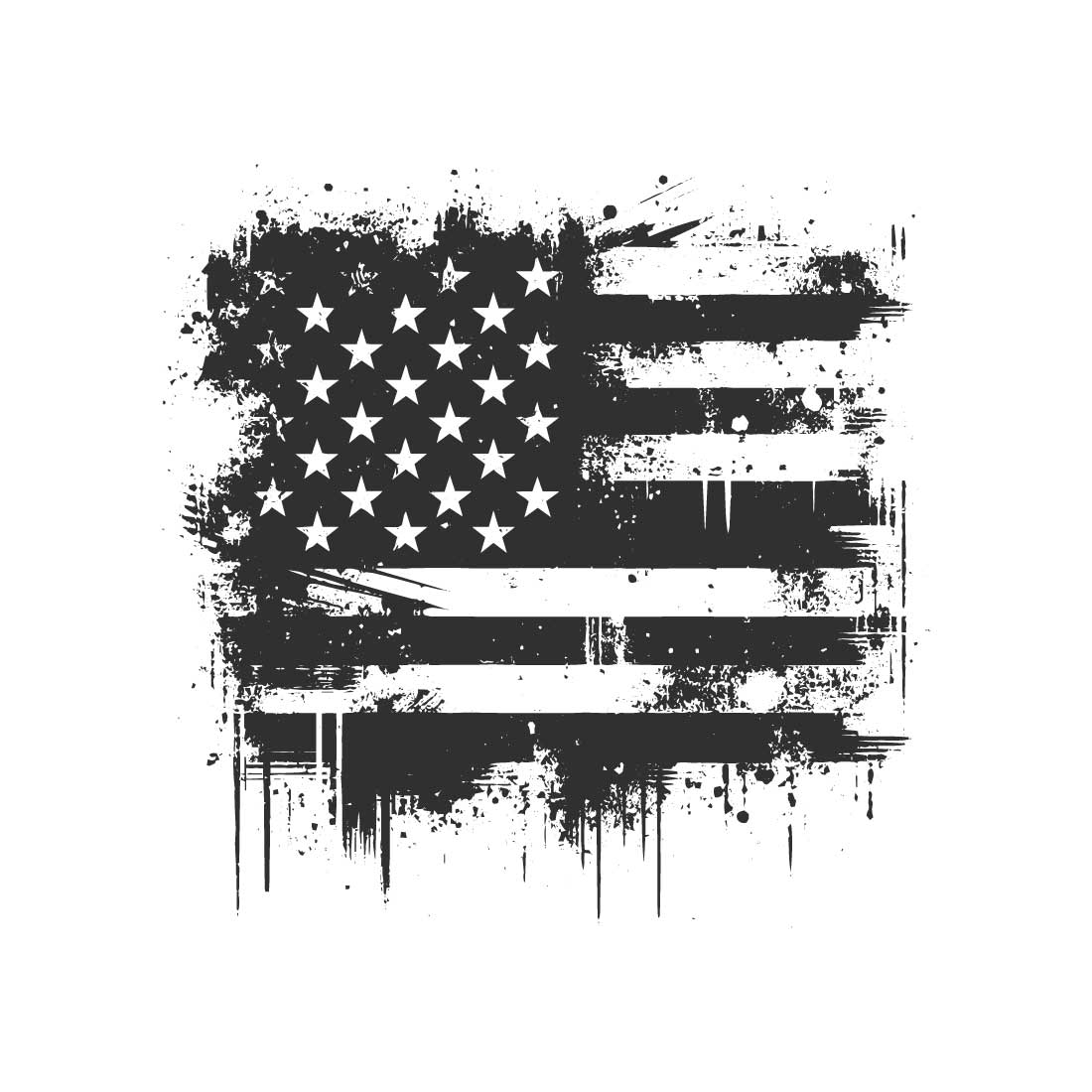 Black and white American flag with distressed grunge texture on a white background preview image.