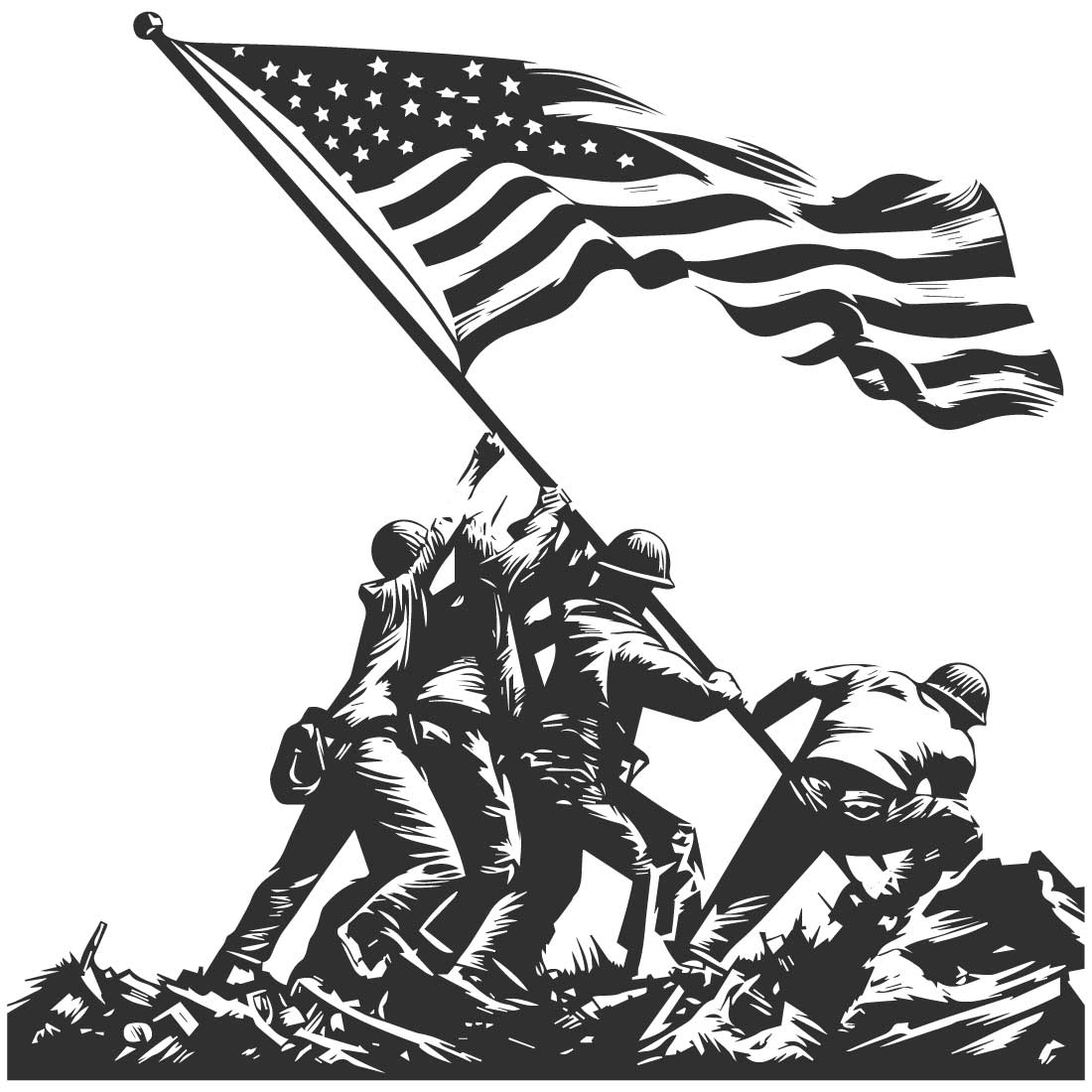 Black and white illustration of soldiers raising the American flag on a hill, bold and detailed lines illustration on a white background preview image.