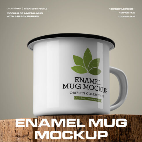 10 Mockups of Enamel Metal Mug with Black Border on Old Wood cover image.