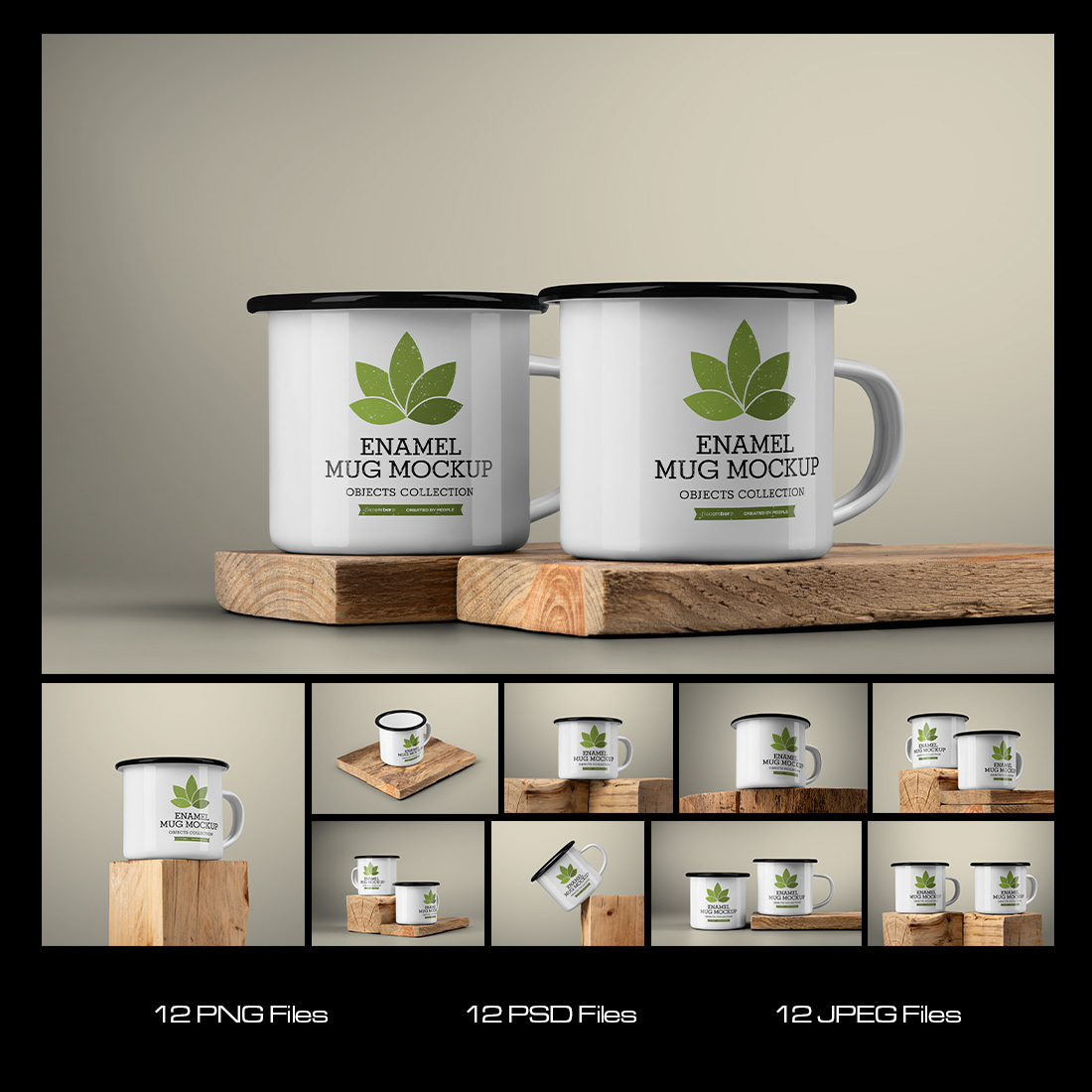 10 Mockups of Enamel Metal Mug with Black Border on Old Wood preview image.