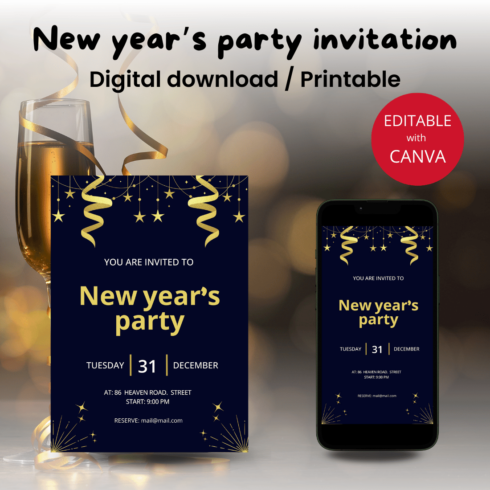 New year's party CANVA template Editable cover image.