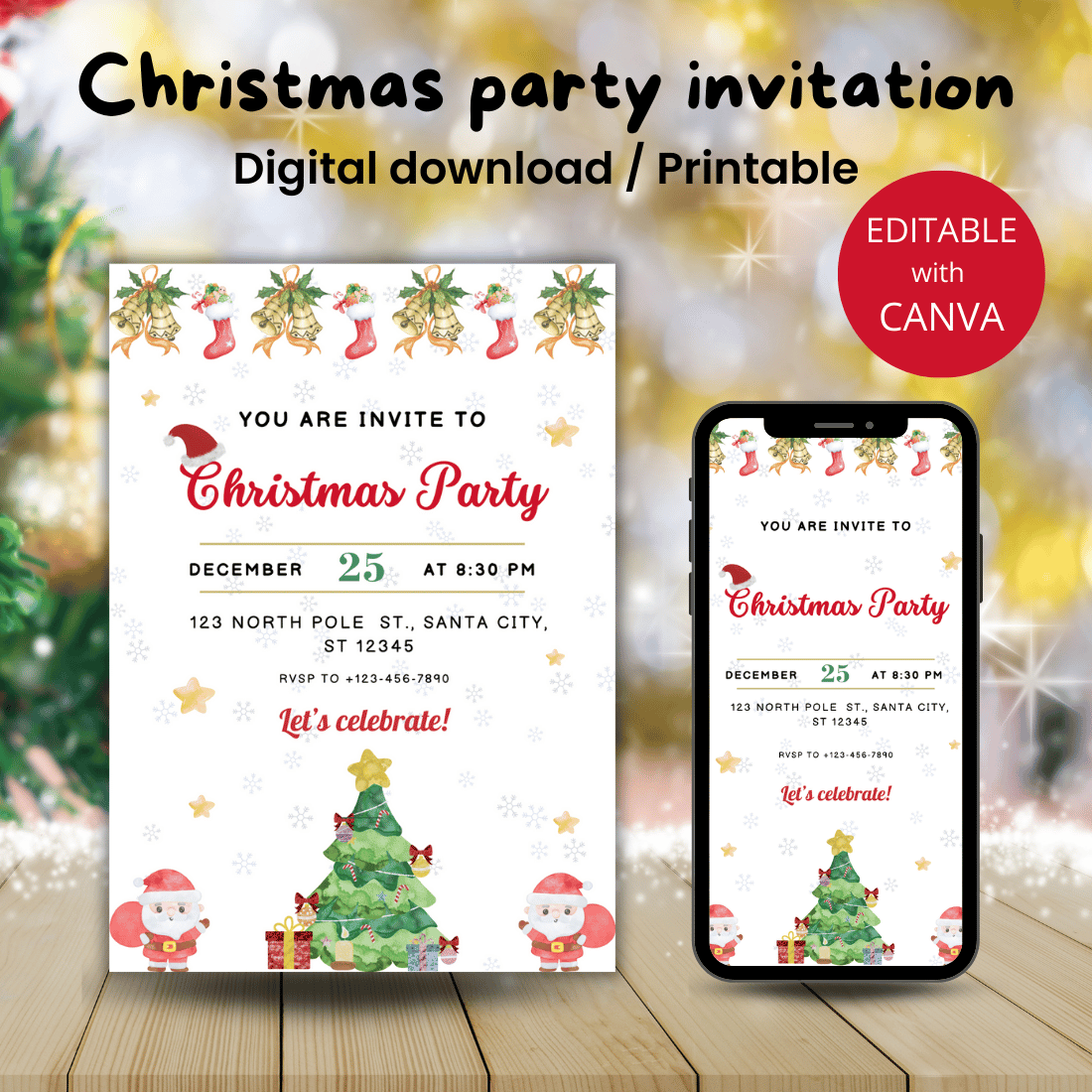 Christmas party invitation Canva template Editable cover image.