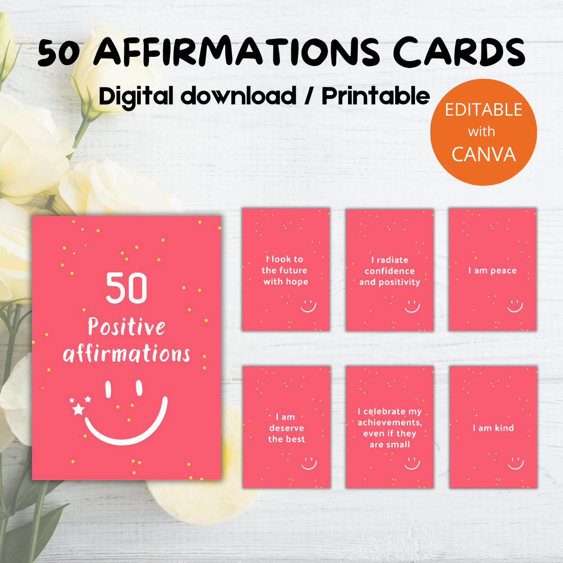 50 positive affirmations cards - Canva template cover image.