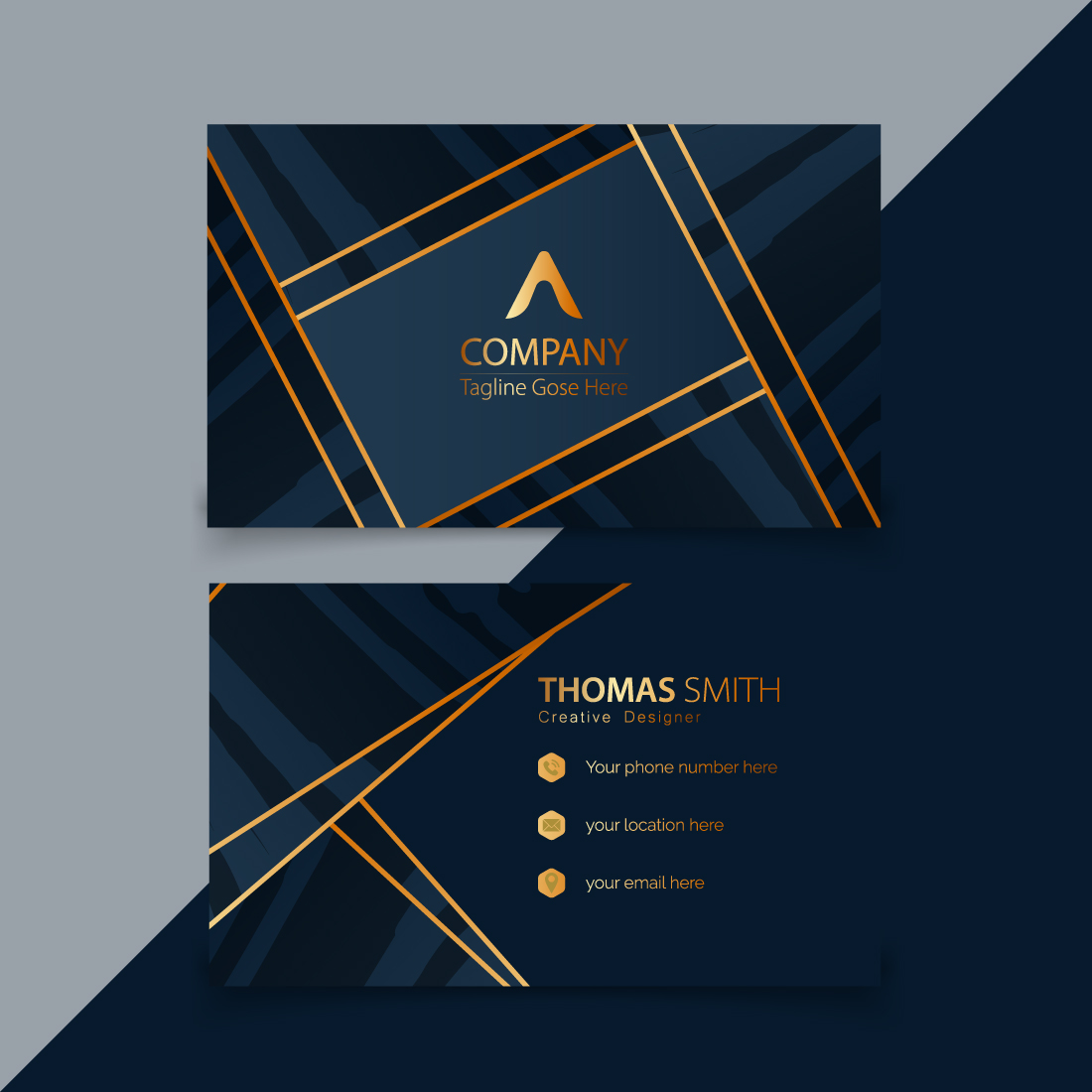 Elegant dark golden and luxury business card template preview image.