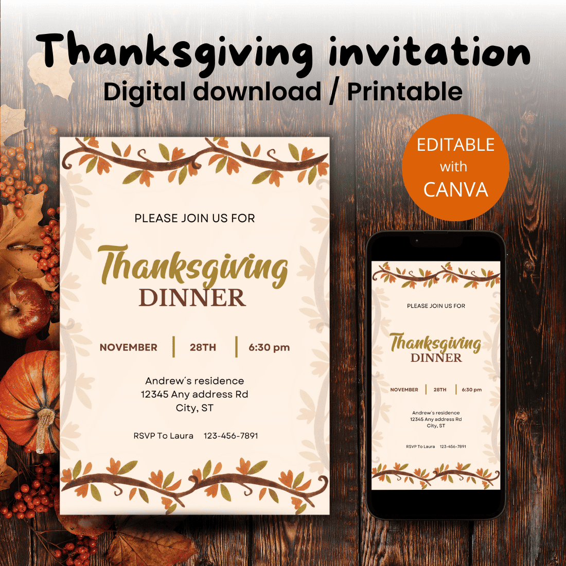 Thanksgiving dinner invitation Canva template cover image.