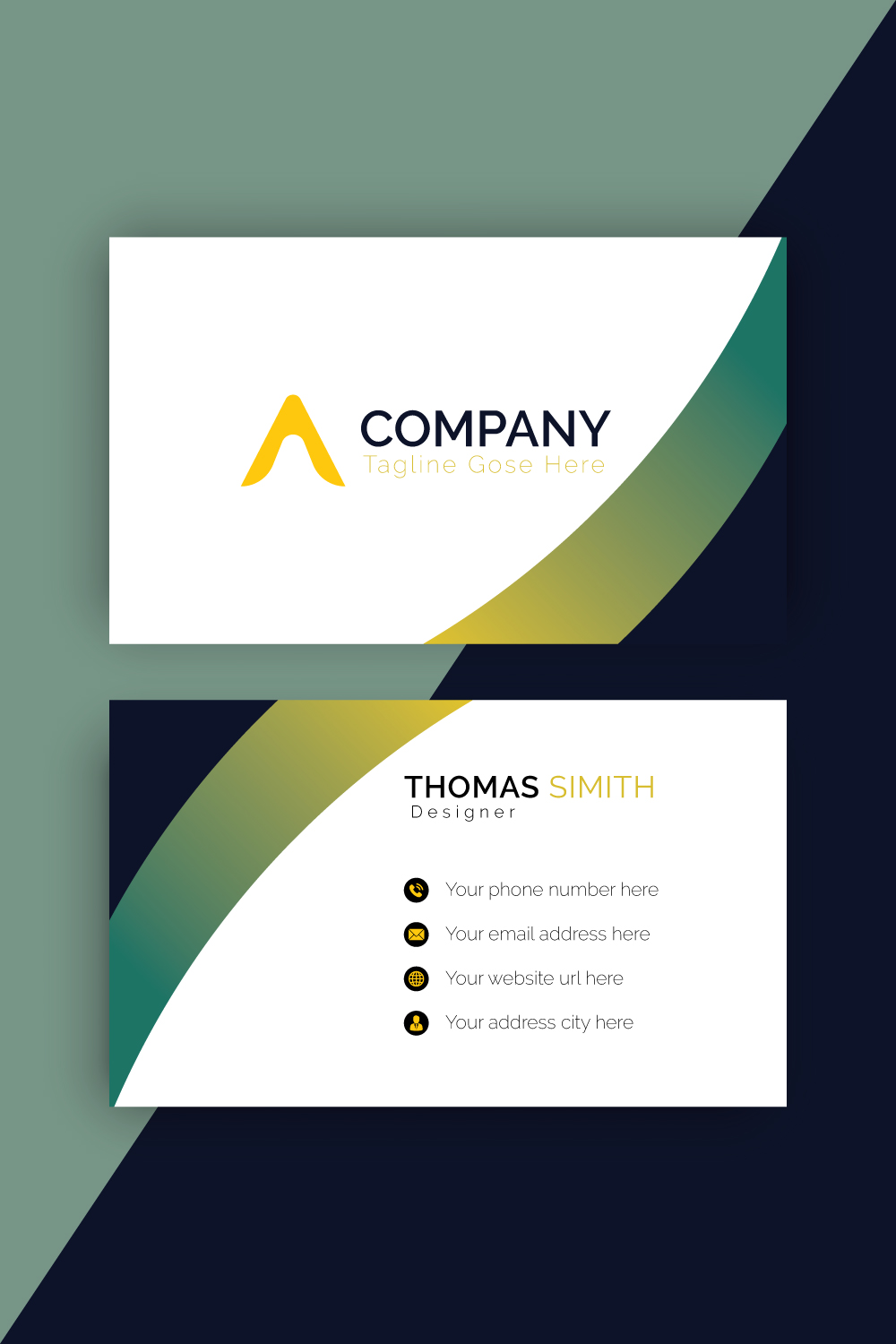 Modern Vector black and green business card design pinterest preview image.