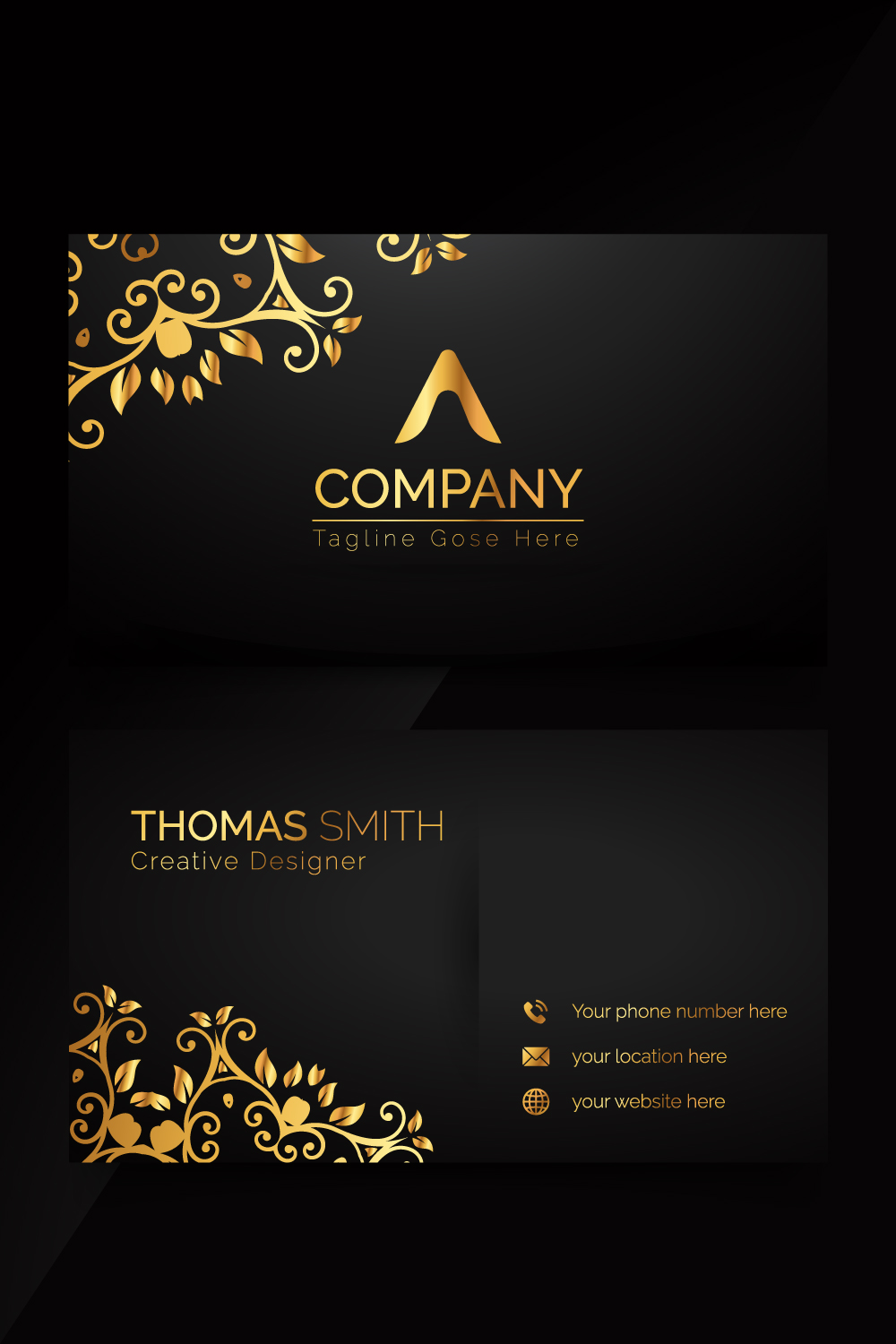 Elegant and imaginative creative golden business card template pinterest preview image.