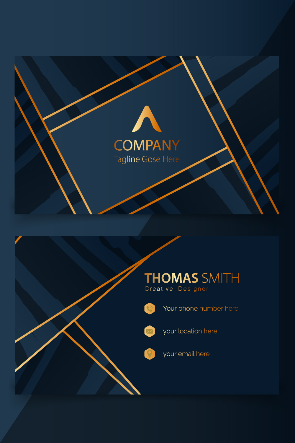 Elegant dark golden and luxury business card template pinterest preview image.