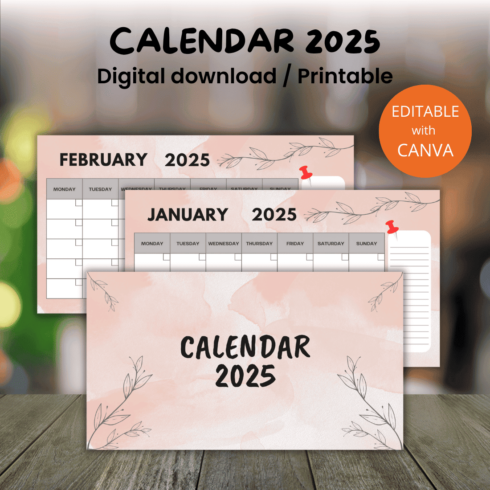 Calendar 2025 Canva template Editable cover image.