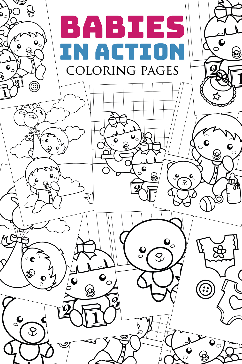 Cute Funny Babies Baby Girl Boy Kids Children Cartoon Coloring Activity or Black and White Decoration Background Party Birthday Baby Shower pinterest preview image.