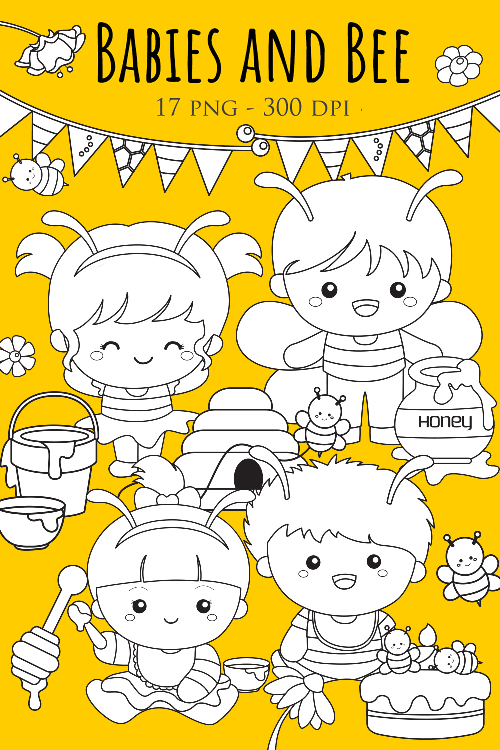 Cute Babies Kids Boy Girl Wearing Bee Animal Costume for Celebration Cartoon Digital Stamp Outline pinterest preview image.