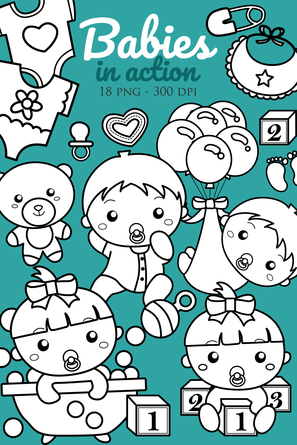 Cute Funny Babies Baby Girl Boy Kids Children Cartoon Digital Stamp Outline or Black and White Decoration Background Party Birthday Baby Shower pinterest preview image.