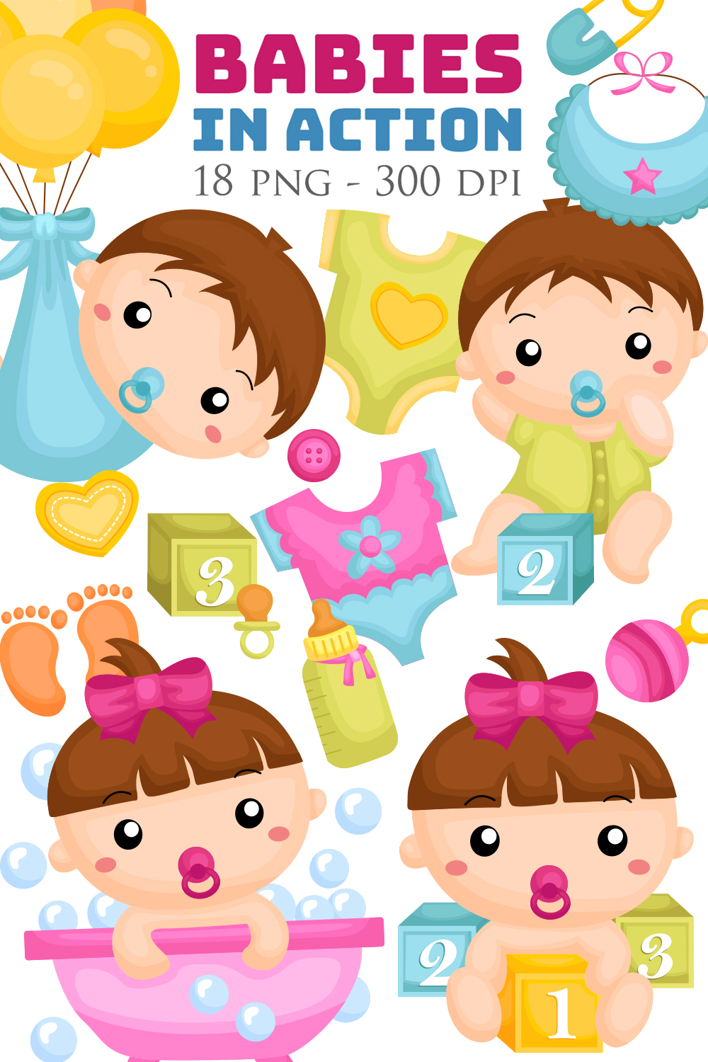 Cute Funny Babies Baby Girl Boy Kids Children Cartoon Illustration Vector Clipart Sticker Decoration Background Party Birthday Baby Shower pinterest preview image.