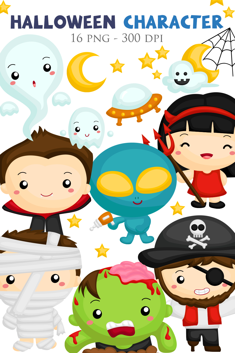 Cute and Funny Kids Wearing Halloween Character Costume Party Ghost Vampire Mummy Zombie Pirate Devil Alien Cartoon Illustration Vector Clipart Sticker Decoration Background pinterest preview image.