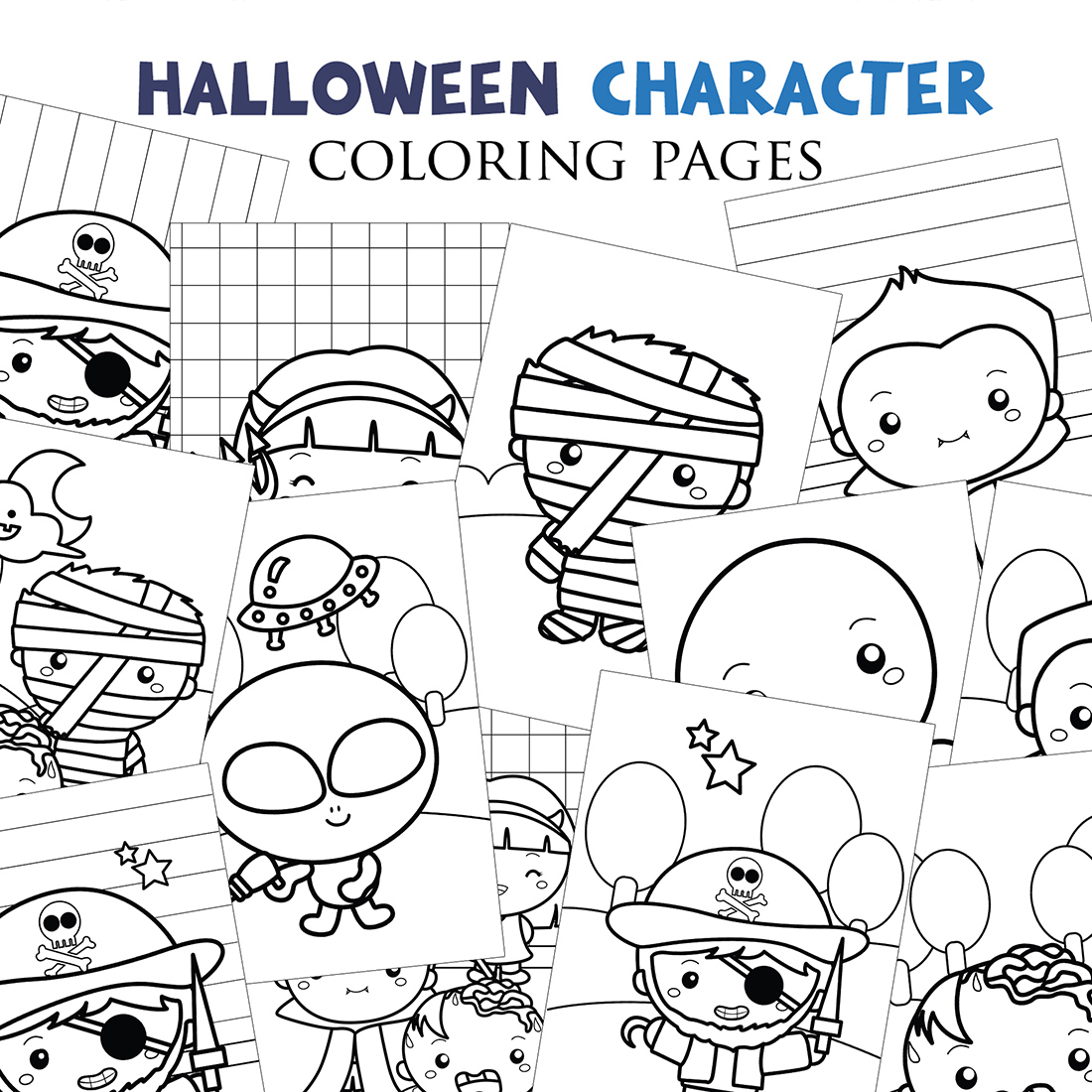 Cute and Funny Kids Wearing Halloween Character Costume Party Ghost Vampire Mummy Zombie Pirate Devil Alien Cartoon Coloring Activity for Kids and Adult cover image.