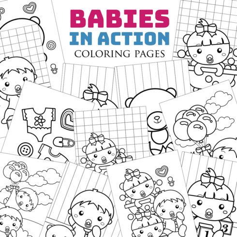 Cute Funny Babies Baby Girl Boy Kids Children Cartoon Coloring Activity or Black and White Decoration Background Party Birthday Baby Shower cover image.