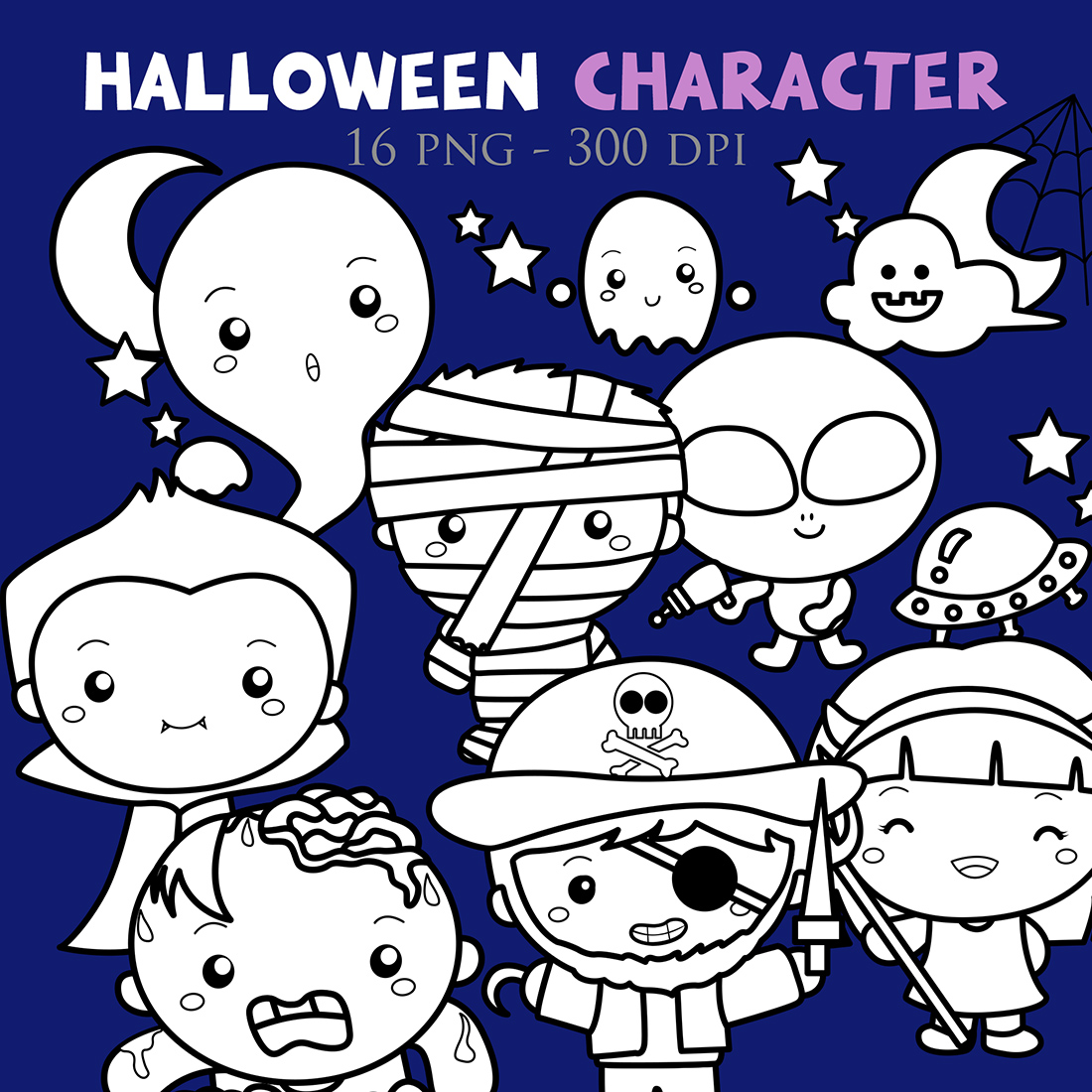 Cute and Funny Kids Wearing Halloween Character Costume Party Ghost Vampire Mummy Zombie Pirate Devil Alien Cartoon Digital Stamp Outline cover image.