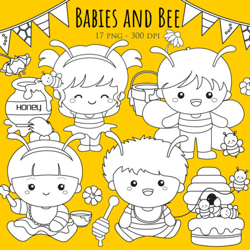 Cute Babies Kids Boy Girl Wearing Bee Animal Costume for Celebration Cartoon Digital Stamp Outline cover image.