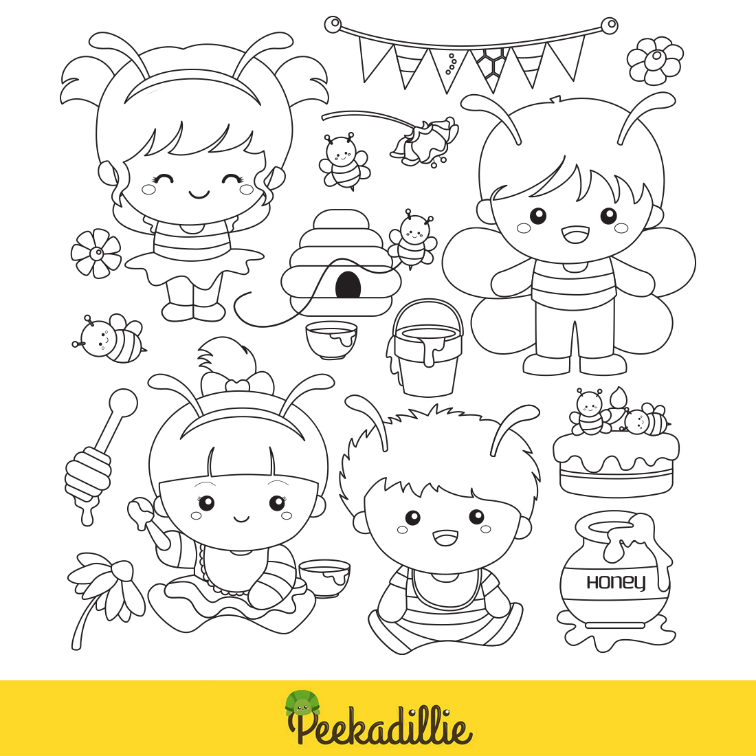 Cute Babies Kids Boy Girl Wearing Bee Animal Costume for Celebration Cartoon Digital Stamp Outline preview image.