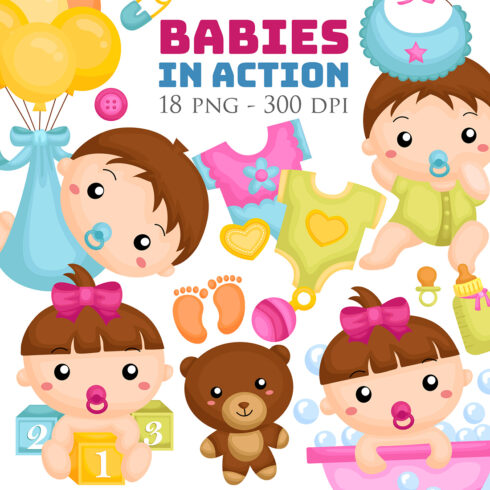 Cute Funny Babies Baby Girl Boy Kids Children Cartoon Illustration Vector Clipart Sticker Decoration Background Party Birthday Baby Shower cover image.