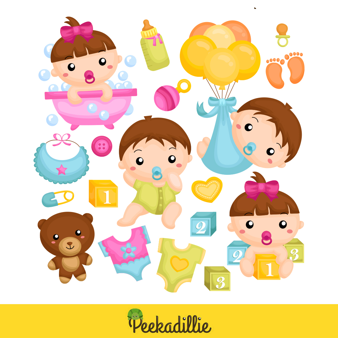 Cute Funny Babies Baby Girl Boy Kids Children Cartoon Illustration Vector Clipart Sticker Decoration Background Party Birthday Baby Shower preview image.