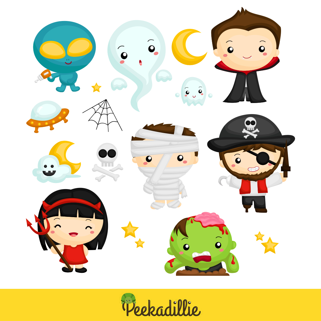 Cute and Funny Kids Wearing Halloween Character Costume Party Ghost Vampire Mummy Zombie Pirate Devil Alien Cartoon Illustration Vector Clipart Sticker Decoration Background preview image.